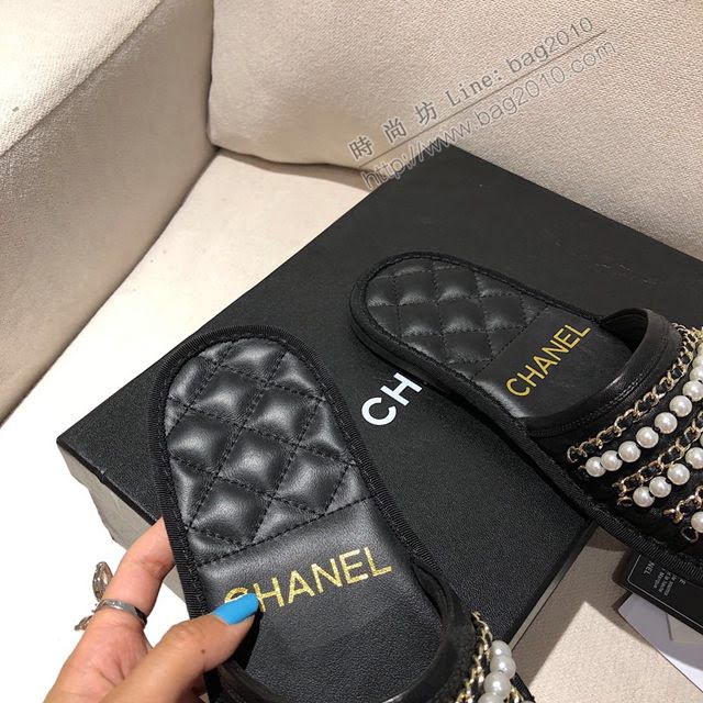 Chanel女鞋 香奈兒專櫃同步春夏季新款 珍珠鏈條雙c裝飾涼拖鞋  naq1297